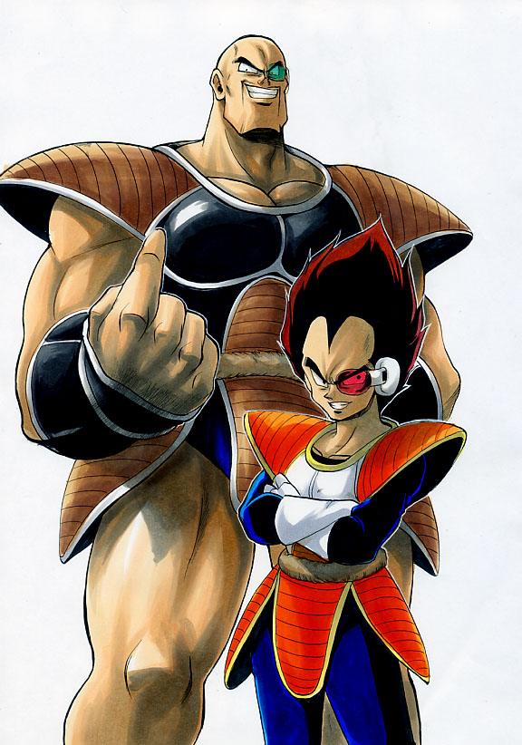 2boys, armor, bald, black_hair, bracer, dragon_ball, dragonball_z, facial_hair