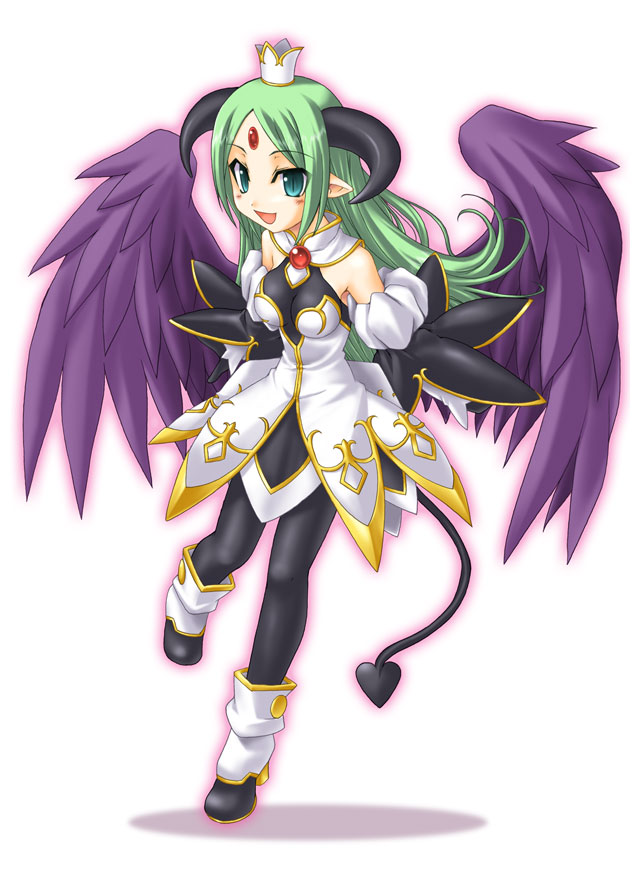 1girl, alfine, boots, demon_girl, dress, feathers, green_eyes, green_hair, horns, mizuna_(water_emp-tei), pantyhose, pointy_ears, shinrabanshou, solo, spandex, tail, wings