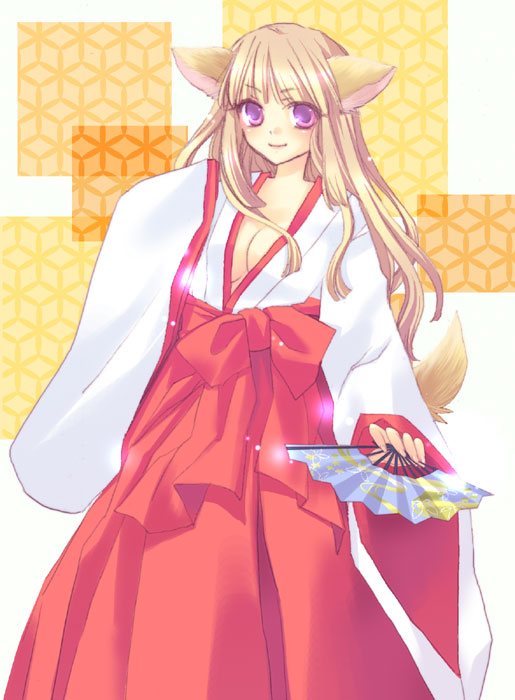 1girl, animal_ears, fan, folding_fan, fox_ears, japanese_clothes, miko, minase_ruruu