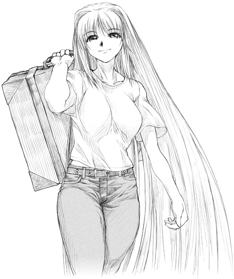 00s, aozaki_aoko, denim, face, hands, jeans, long_hair, monochrome