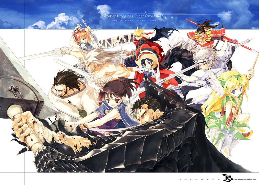 4girls, 90s, bastard!!, berserk, berserker_armor, blonde_hair, buster_sword, clare_(claymore)