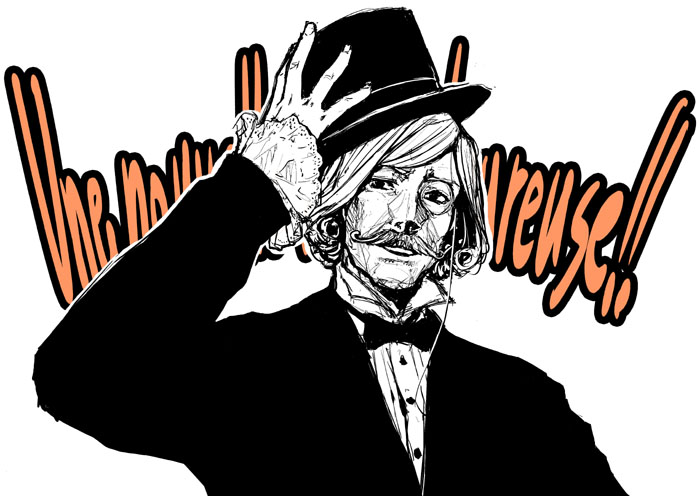 facial_hair, formal, hat, hidari_(left_side), male_focus, monochrome, monocle, mustache, necktie, roman, savant, sound_horizon, spot_color, suit, top_hat