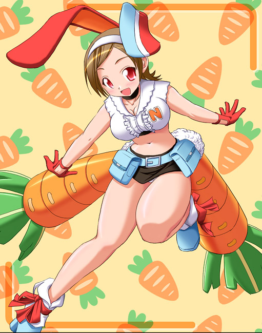 1girl, animal_ears, belt, breasts, brown_hair, bunny_tail, carrot, cleavage