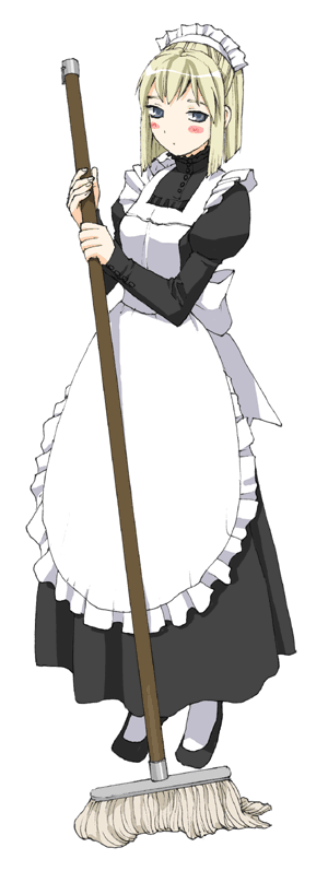 1girl, alternate_costume, apron, blonde_hair, blue_eyes, blush, embarrassed, enmaided