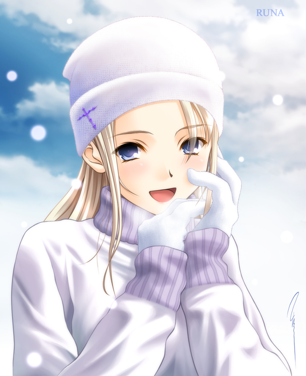 1girl, :d, aizawa_kotarou, blonde_hair, blue_eyes, eyebrows, eyebrows_visible_through_hair, eyes_visible_through_hair