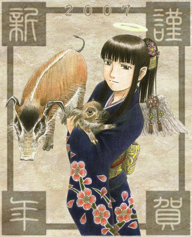 00s, 1girl, 2007, black_hair, boar, feathered_wings, haibane_renmei, hair_ornament, halo, holiday, japanese_clothes, kimono, long_hair, new_year, obi, reki, sash, wings, yasunon
