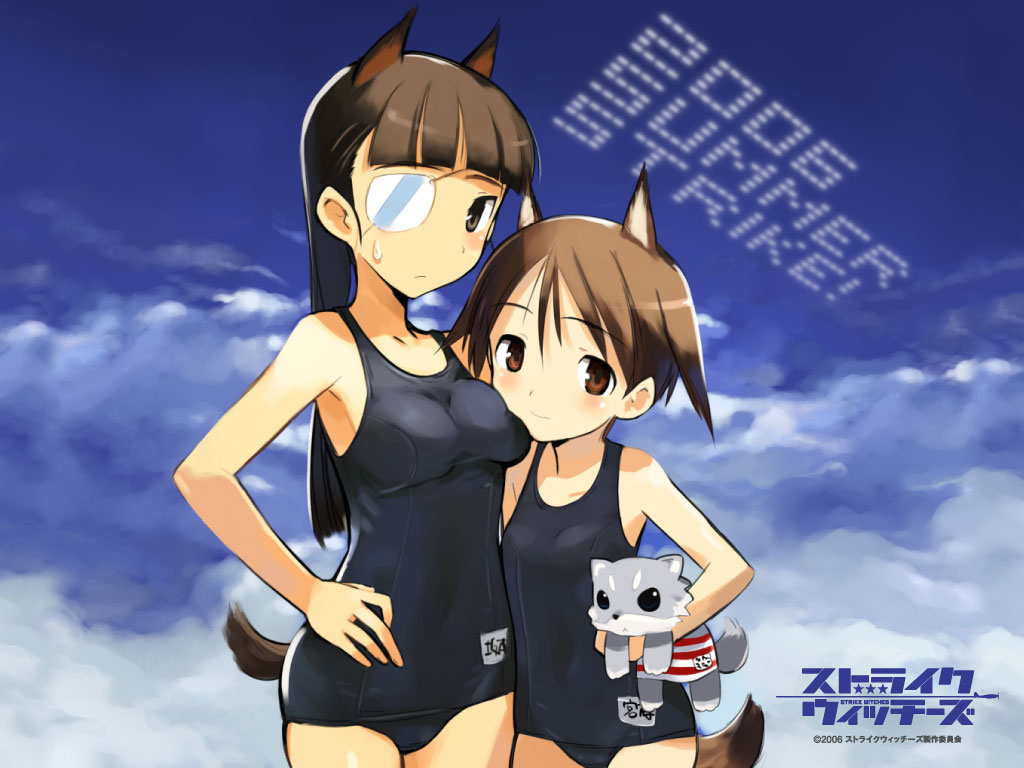 2girls, animal_ears, blush, breasts, brown_eyes, brown_hair, clouds, eyepatch