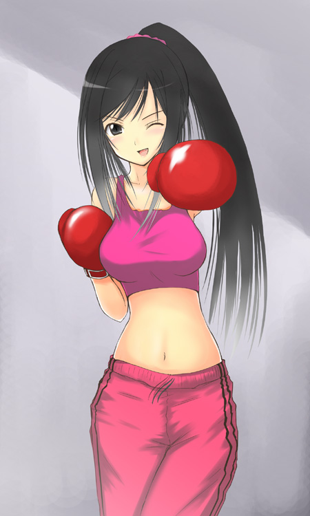 1girl, black_hair, boxing, boxing_gloves, decoration_disorder_disconnection, happy, ishizue_kanata, long_hair