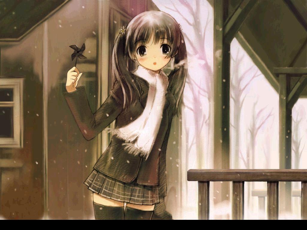 1girl, kawata_hisashi, miniskirt, mizuki_mana, pinwheel, scarf, skirt, snow