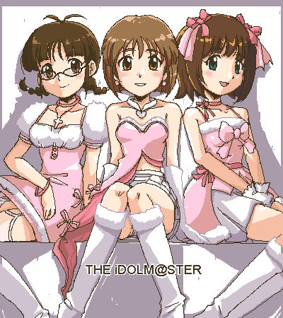 3girls, 4040_(abonriya), 4040_(artist), akizuki_ritsuko, aliasing, amami_haruka, blush, boots