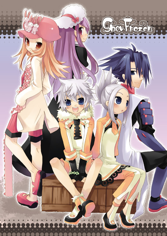 2boys, 3girls, armor, blue_eyes, blue_hair, blush, bonnet, boots