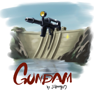 artist_name, beam_rifle, dam, energy_gun, gun, gundam, jilpoong17, lowres