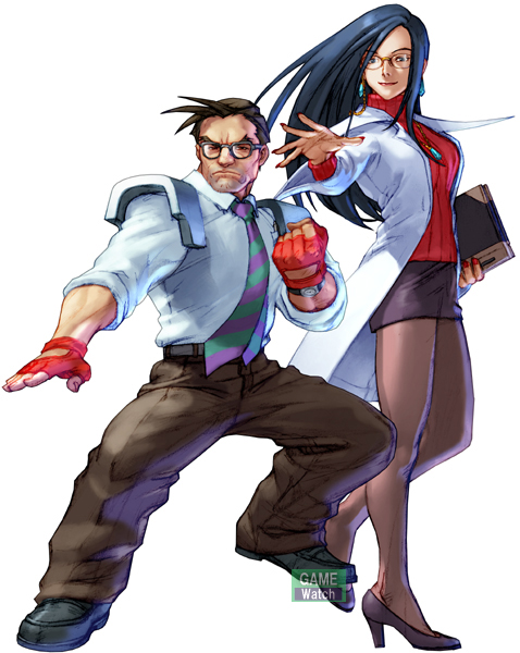 1boy, 1girl, blue_hair, capcom, doctor, fingerless_gloves, glasses, gloves
