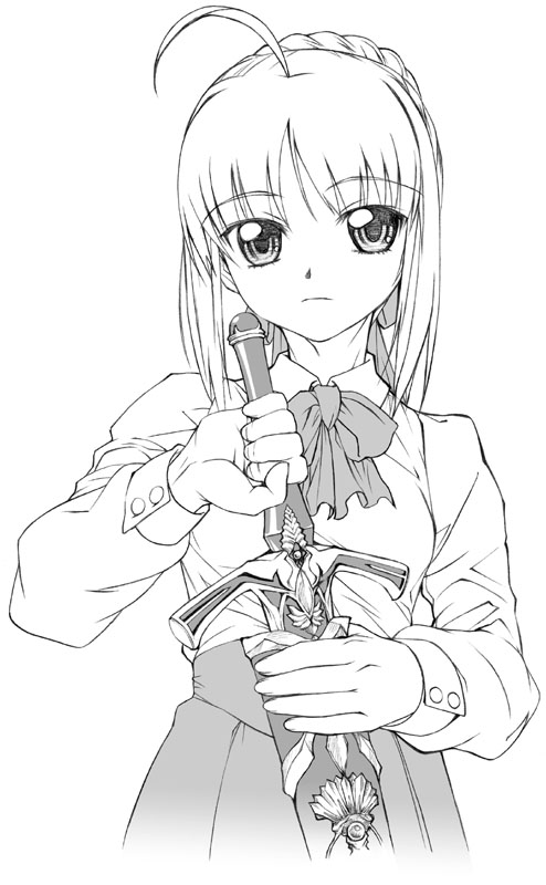 ahoge, antennae, braid, face, fate/stay_night, fate_(series), hands, monochrome