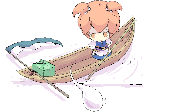 1girl, boat, chibi, female, hitodama, oekaki, onozuka_komachi, scythe