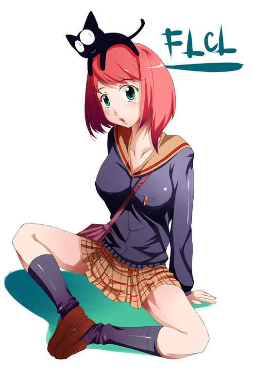 00s, 1girl, bag, breasts, cat, erect_nipples, flcl, fourthcape