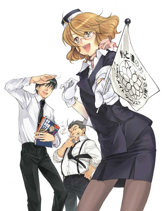 1girl, 2boys, ascot, flag, furudori_yayoi, glasses, gloves, multiple_boys