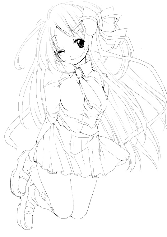 1girl, long_hair, monochrome, niwaka_yuan, oekaki, one_eye_closed, original, school_uniform