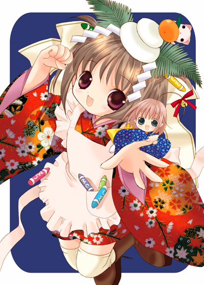 00s, 2girls, binzume_yousei, bottle_fairy, crayon, food, japanese_clothes, kagami_mochi