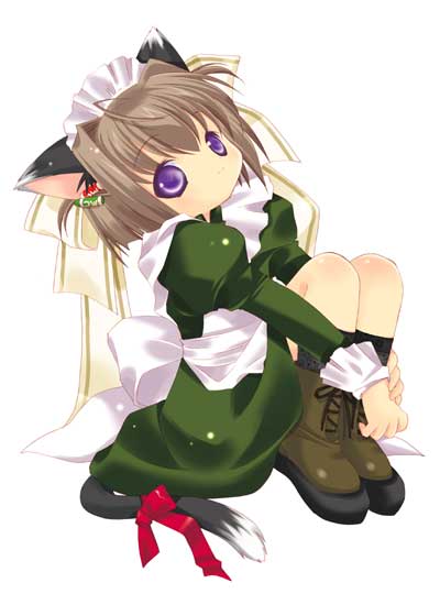 00s, 1girl, animal_ears, binzume_yousei, blue_eyes, bottle_fairy, cat_ears, cat_tail, crayon, maid, ribbon, solo, tail, tail_ribbon, tamachan, tokumi_yuiko, violet_eyes