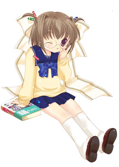 00s, 1girl, binzume_yousei, book, bottle_fairy, crayon, glasses, school_uniform, serafuku, solo, tamachan, tokumi_yuiko, violet_eyes