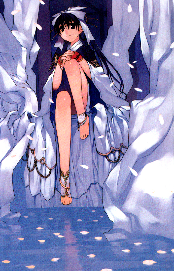 1girl, anklet, bangs, barefoot, black_eyes, black_hair, bow, feet