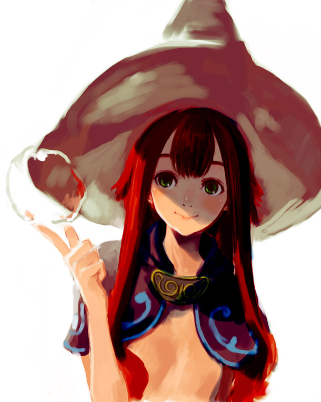 blush, bubble, flat_chest, green_eyes, hat, kawata_hisashi, long_hair, magic, microsoft, ninety-nine_nights, no_bra, redhead, smile, topless, tyurru, witch_hat