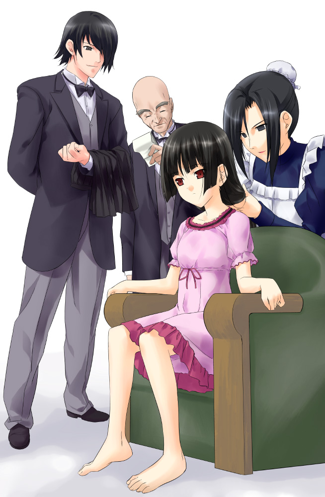 2boys, 2girls, bangs, barefoot, black_hair, blunt_bangs, butler, dress