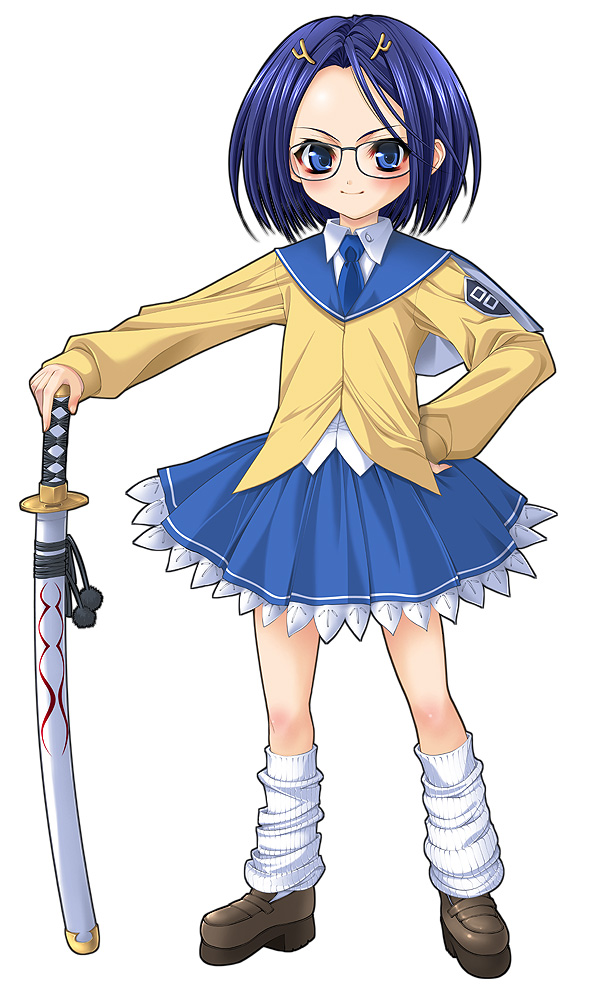 1girl, blue_eyes, blue_hair, blue_skirt, brown_shoes, glasses, hair_ornament, katana, necktie, rance_(series), sengoku_rance, shoes, short_hair, skirt, socks, solo, sword, weapon, yamanaka_kojika, yoshida_inuhito