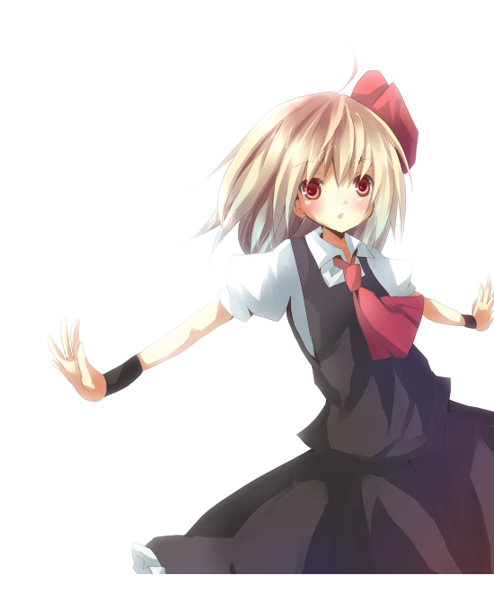 bad_id, blonde_hair, blush, hair_ribbon, necktie, outstretched_arms, red_eyes, ribbon, rumia, short_hair, solo, spread_arms, touhou, yuitadesuyo_(pixiv)