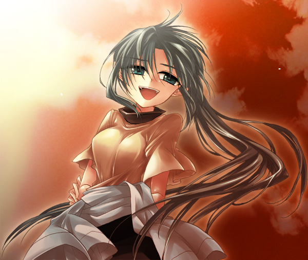 1girl, :d, armor, clothes_around_waist, clouds, cloudy_sky, cowboy_shot, evening