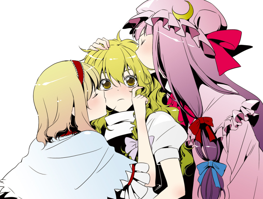alice_margatroid, blonde_hair, blush, capelet, cheek_kiss, closed_eyes, girl_sandwich, hair_kiss