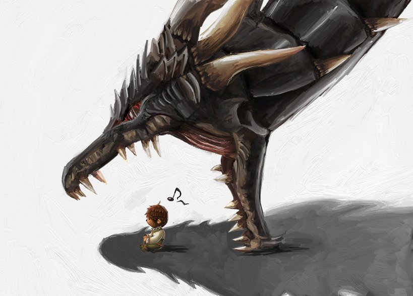1boy, bad_end, brown_hair, clueless, dragon, final_fantasy, final_fantasy_xi, grey_background