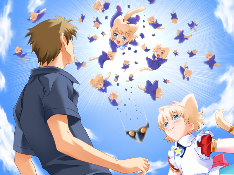 00s, 0verflow, 1boy, 6+girls, animal_ears, cat, cat_ears, falling, flying, game_cg, imouto_de_ikou!, looking_up, multiple_girls, sky, too_many, too_many_cats, what