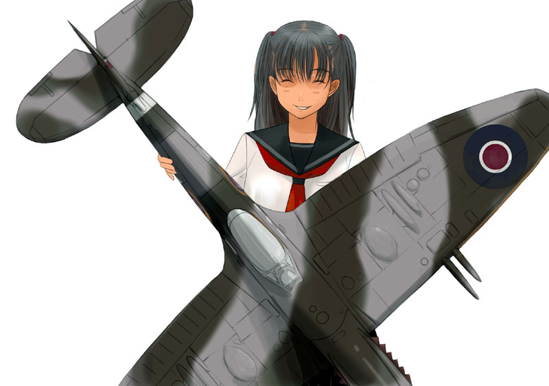 1girl, ^_^, airplane, black_hair, blush, closed_eyes, ground_vehicle, kiriman_(souldeep)