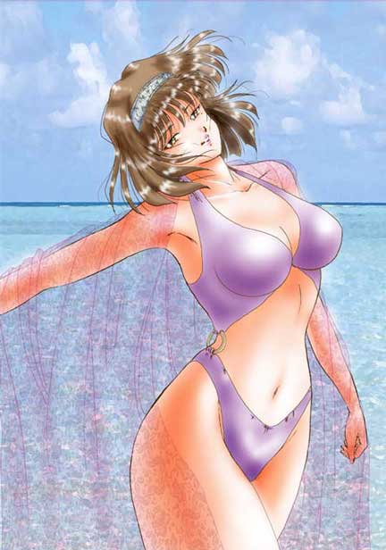 bikini, brown_hair, hairband, sakura_taisen, sea, short_hair, sumire, swimsuit