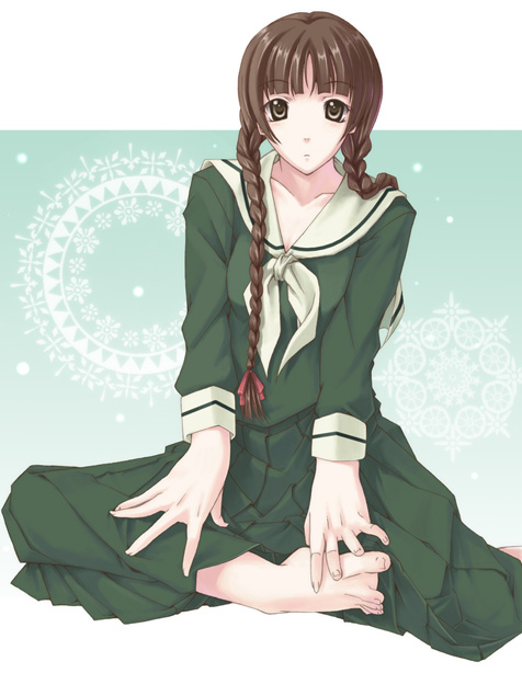00s, 1girl, barefoot, braid, feet, hair_over_shoulder, maria-sama_ga_miteru, nakaizumi_tatsuya, school_uniform, serafuku, shimazu_yoshino, solo, toes, twin_braids