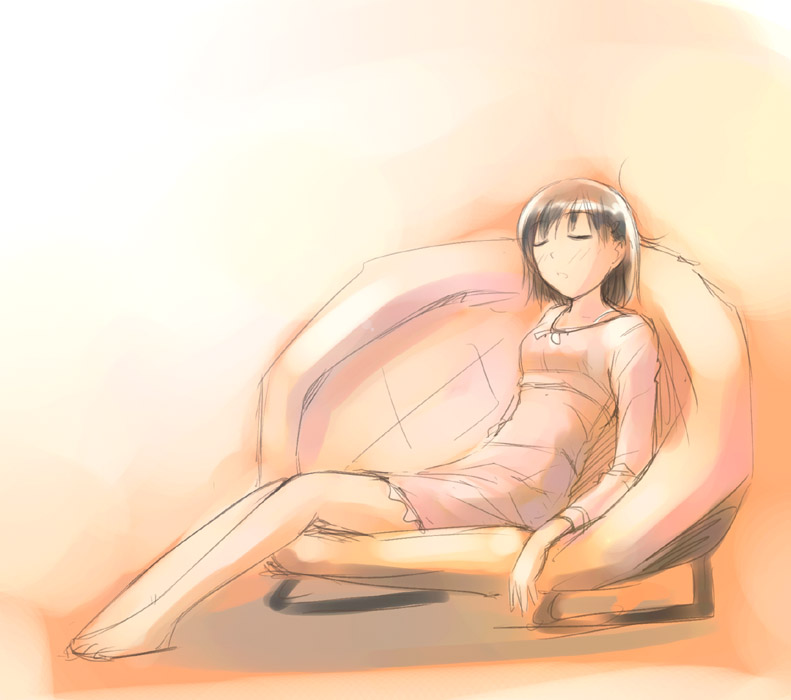 1girl, barefoot, closed_eyes, couch, feet, ikeda_jun_(mizutamari), original, sitting, sketch, sleeping, solo, toes, white_upholstery