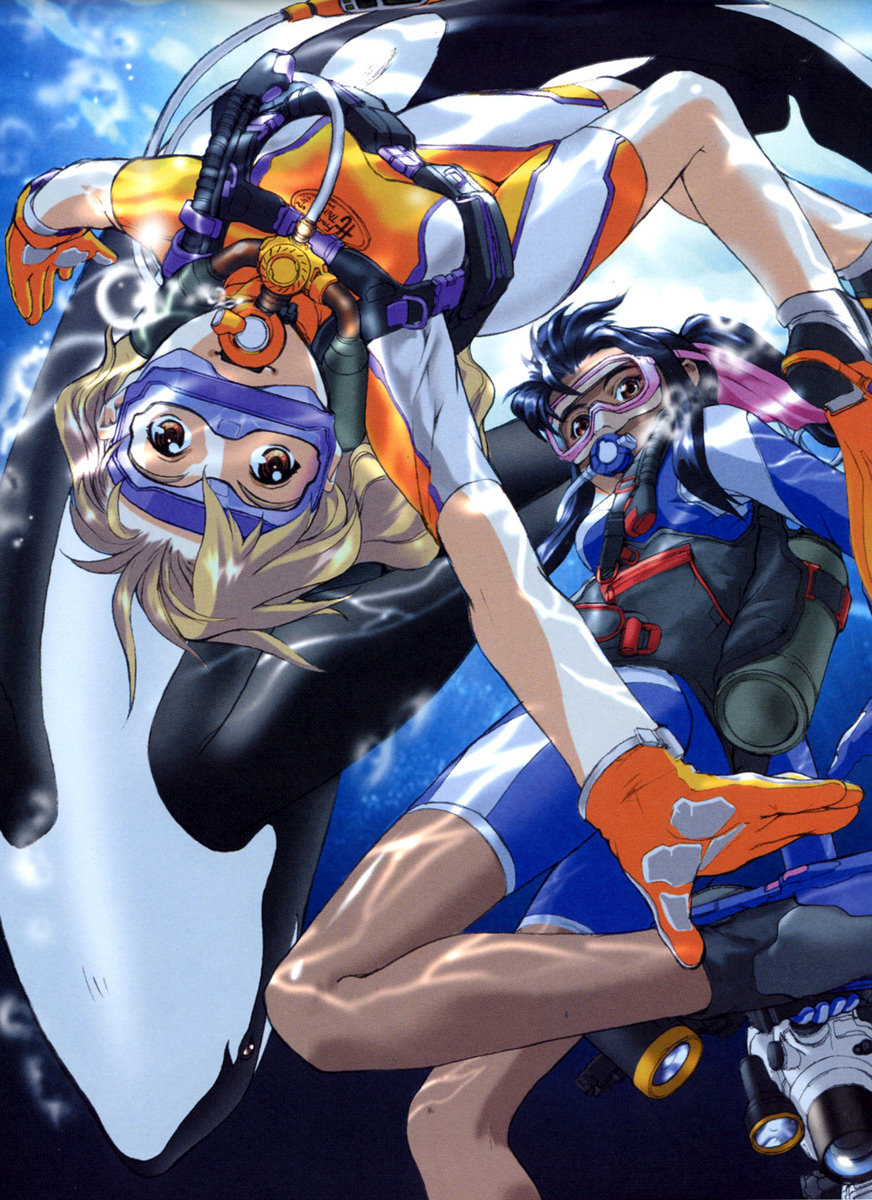 2girls, blue_hair, brown_eyes, brown_hair, diving_mask, flashlight, flippers, gloves, highres, multiple_girls, orca, red_eyes, scuba, sunlight, suzuki_mei, underwater, upside-down, wetsuit