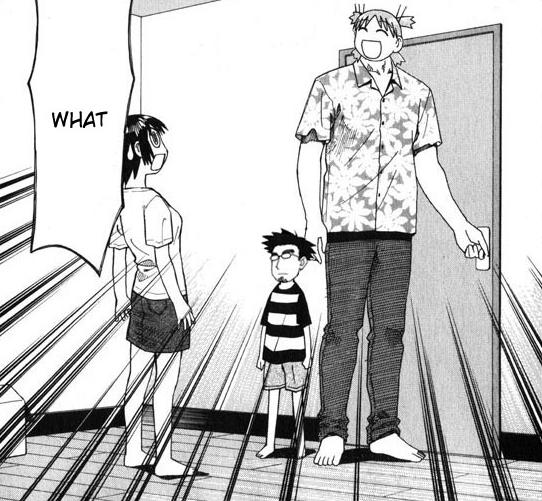 1boy, 2girls, ayase_fuuka, child, comic, eyebrows, happy, hard_translated