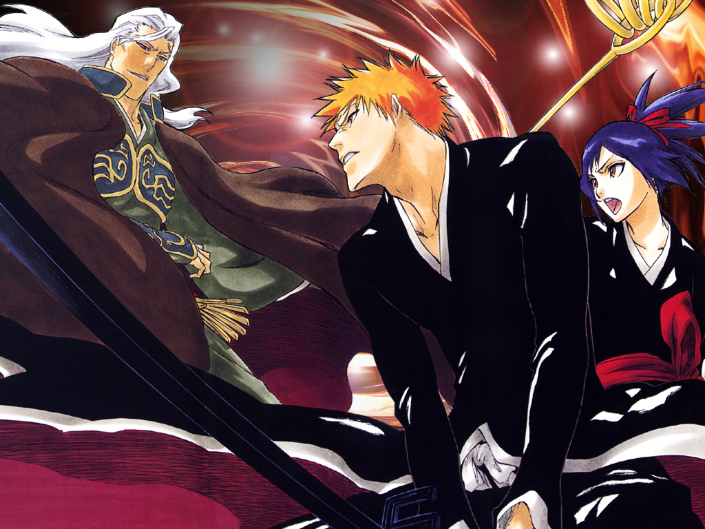 1girl, 2boys, bankai, bleach, bleach:_memories_of_nobody, blue_hair, cape, ganryuu