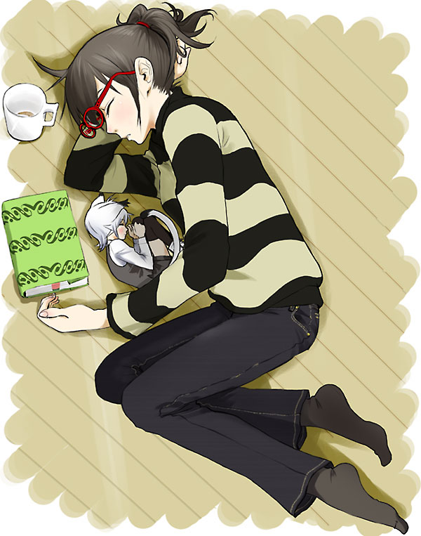 2girls, animal_ears, black_hair, book, cat_ears, cat_tail, closed_eyes, cup