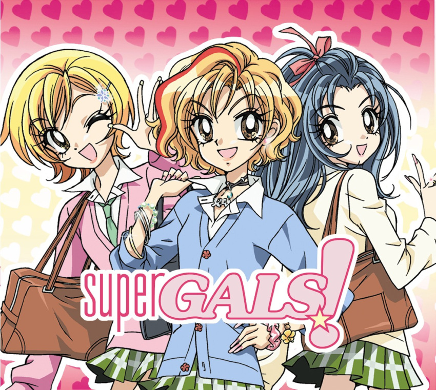 3girls, bag, black_hair, blonde_hair, bracelet, brown_eyes, cardigan, earrings