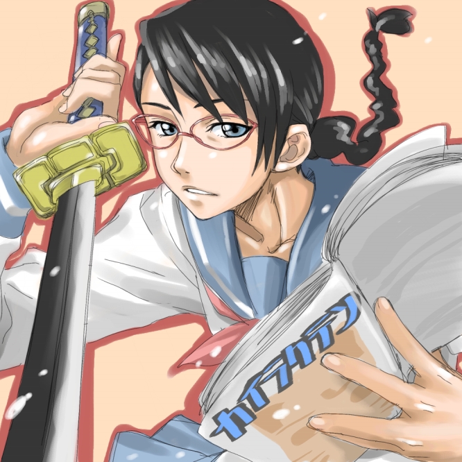 1girl, black_hair, bleach, blue_eyes, book, braid, glasses, sakura_kotetsu