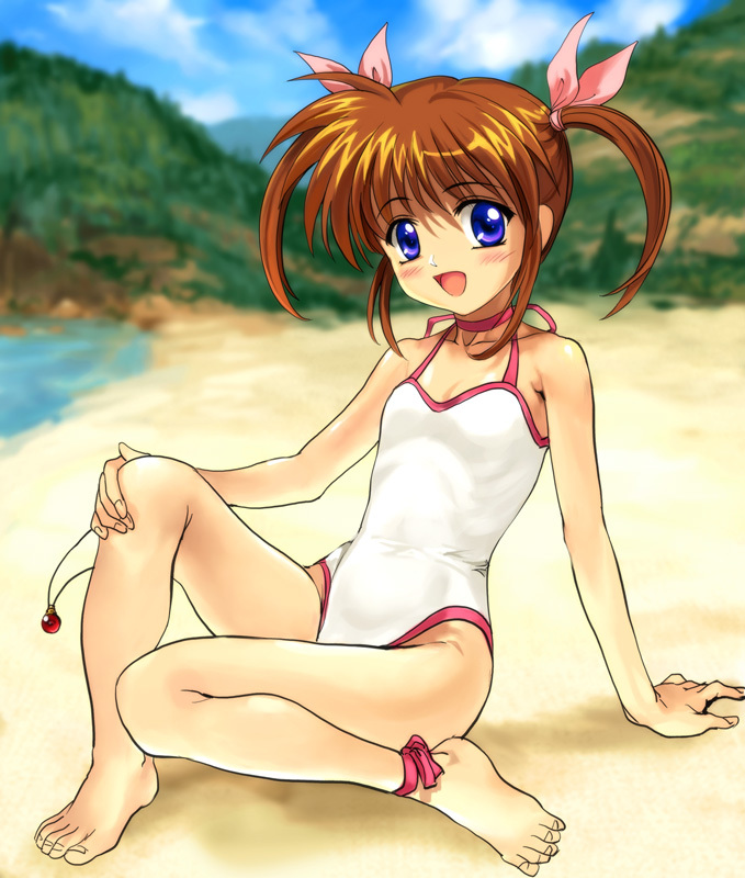 1girl, anklet, barefoot, beach, brown_hair, casual_one-piece_swimsuit, choker, feet, halterneck, jewelry, leg_ribbon, lyrical_nanoha, mahou_shoujo_lyrical_nanoha, mahou_shoujo_lyrical_nanoha_a's, mutsuki_(moonknives), one-piece_swimsuit, outdoors, raising_heart, ribbon, ribs, seven_arcs, sitting, smile, solo, swimsuit, takamachi_nanoha, toes, twintails, violet_eyes, water