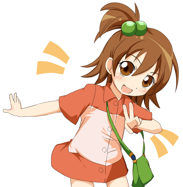 1girl, bag, brown_eyes, brown_hair, hair_bobbles, hair_ornament, handbag, ixy