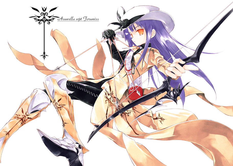 1girl, armor, boots, bow_(weapon), hat, long_hair, marksman, original