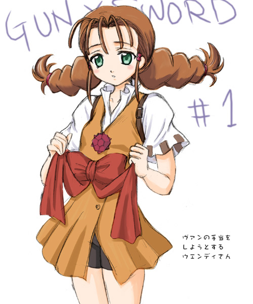 bangs, bike_shorts, blush, bow, braid, brown_hair, dress, green_eyes