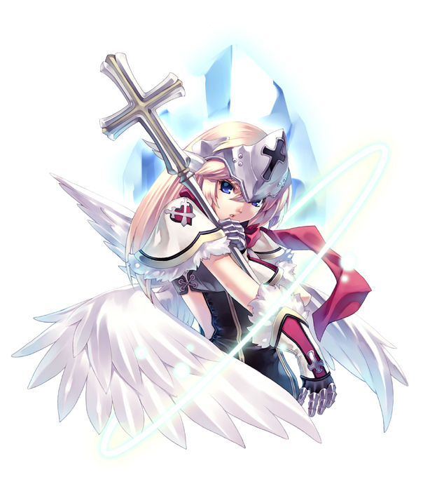 angel, blonde_hair, blue_eyes, cpmstar_pid, cross, fantasy, gauntlets, hair_ornament, hirano_katsuyuki, original, scarf, wings