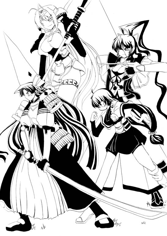 4girls, antenna_hair, armor, arrow, bow, bow_(weapon), breasts, cleavage